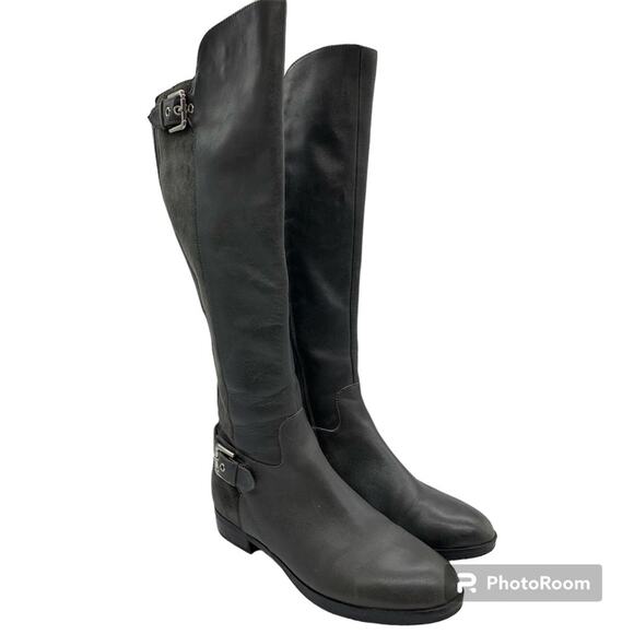 Marc Fisher Damsel Tall Shaft Leather Riding Boots Dark Grey Sz 7 Office Minimal - Picture 1 of 15